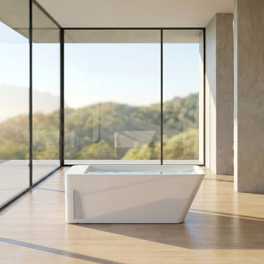 All-In Kryo integrated acrylic hot and cold plunge in a modern home wellness space