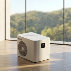 Kryo Core white 1 HP external chiller on a wooden floor with a large window in the background showing greenery.